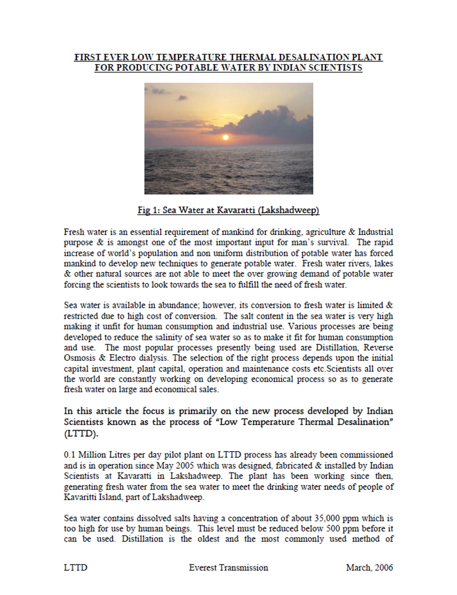Low temprature thermal desalination plant for producing potable water.png