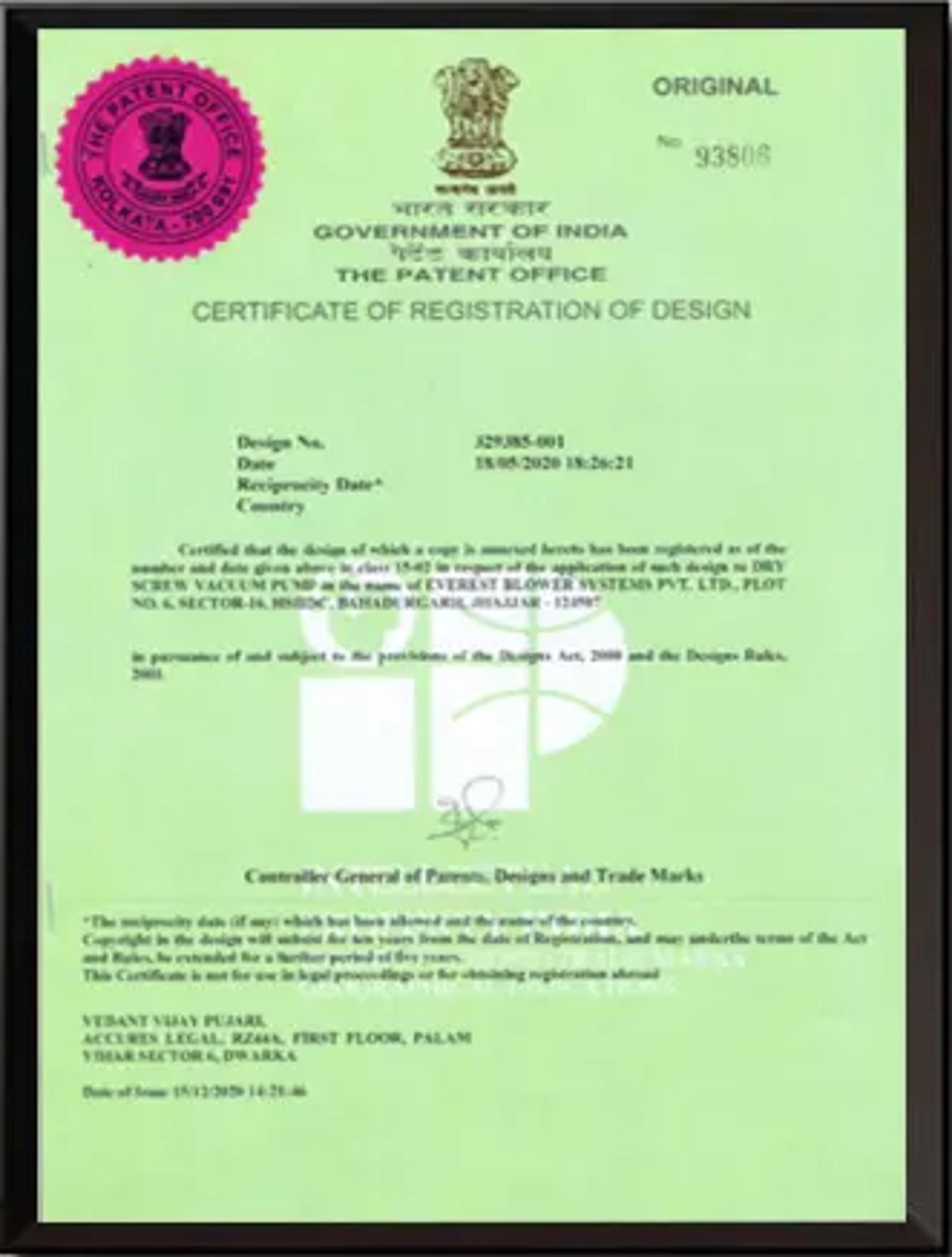 Certificate of Registration of Design