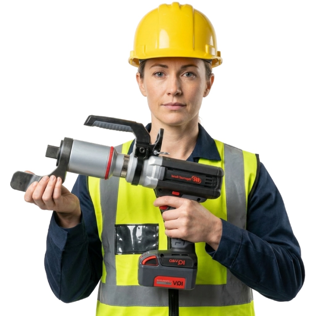 technician holding a qxm torque controlled tool