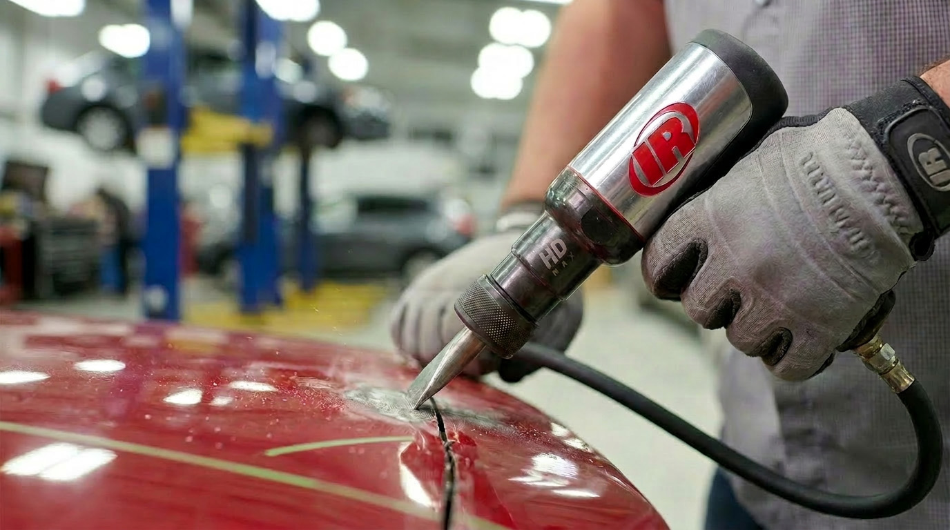 133MAX air pneumatic hammer chiseling through a hood of a car