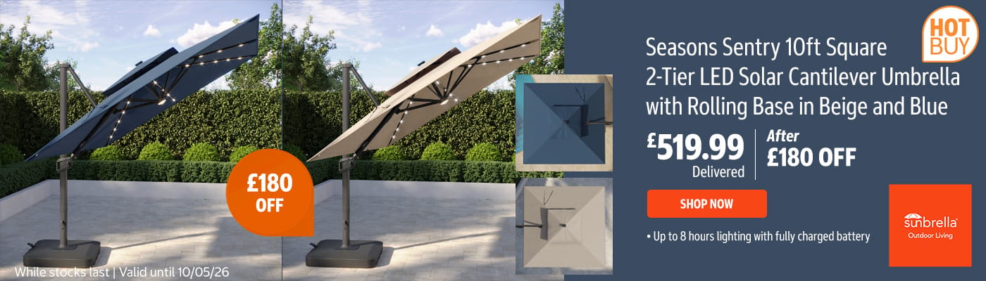 Seasons Sentry 10ft (3m) Square 2-Tier LED Solar Cantilever Umbrella with Rolling Base