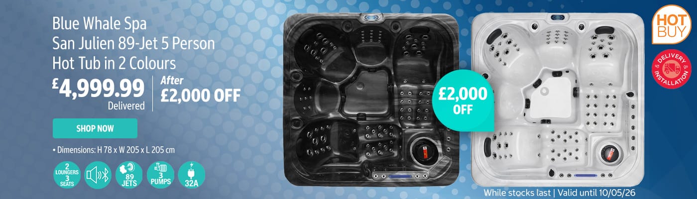 Blue Whale Spa San Julien 89-Jet 5 Person Hot Tub in 2 Colours - Delivered and Installed