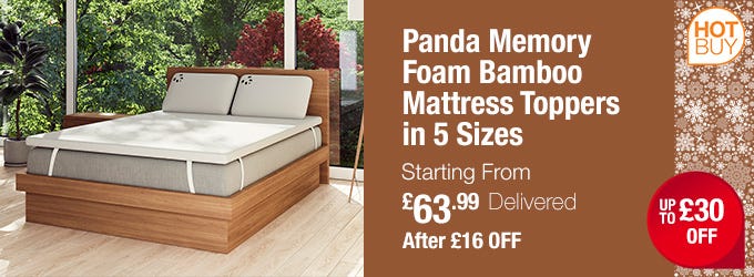 Panda Memory Foam Bamboo Mattress Toppers in 5 Sizes