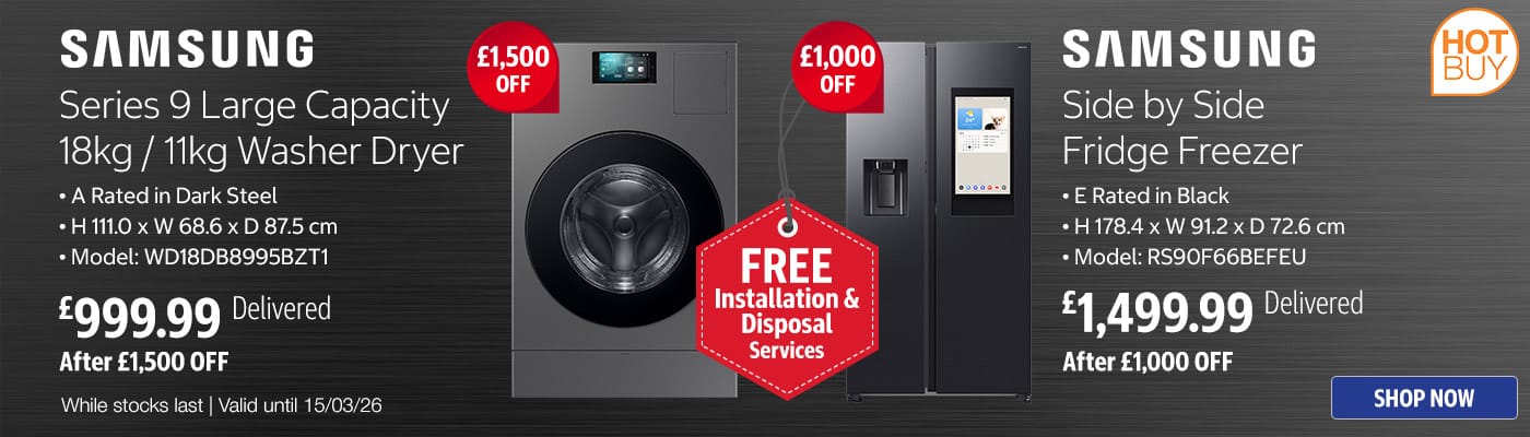 Samsung Series 9 Large Capacity 18kg / 11kg Washer Dryer - Samsung Side by Side Fridge Freezer