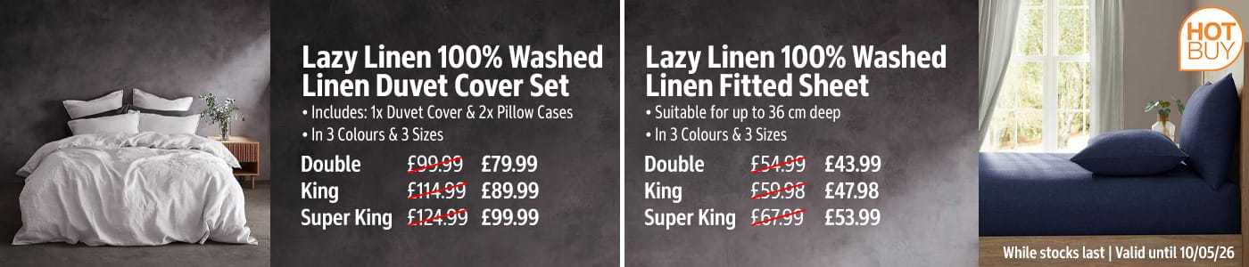 Lazy Linen Duvet Cover Set & Fitted Sheets, in 3 Colours & 3 Sizes