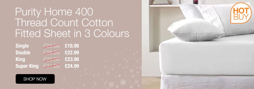 Purity Home 400 Thread Count Cotton Fitted Sheet in 3 Colours