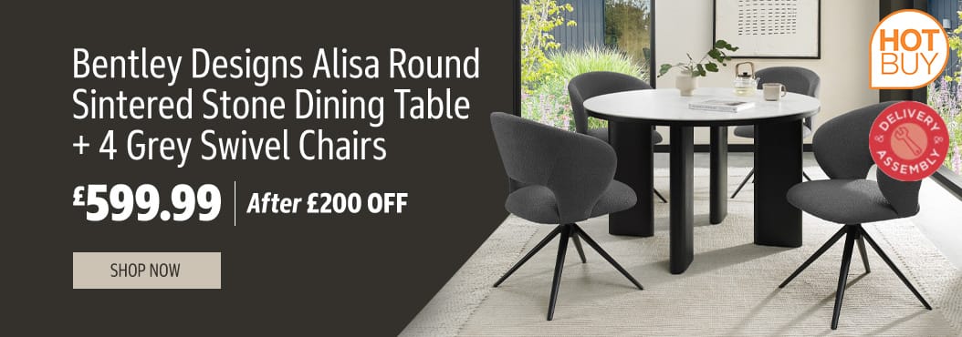 Bentley Designs Alisa Round Sintered Stone Dining Table + 4 Grey Swivel Chairs