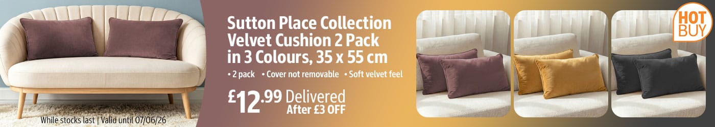 Sutton Place Collection Velvet Cushion 2 Pack in 3 Colours, 35 x 55 cm