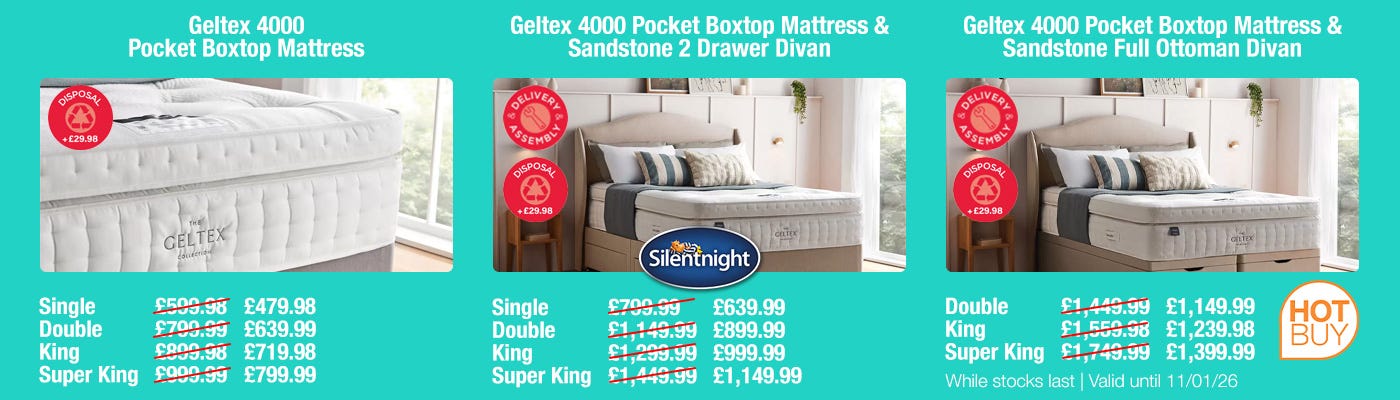 Silentnight Geltex 4000 Pocket Boxtop Mattress & Slate Grey Full Ottoman Divan in 3 Sizes