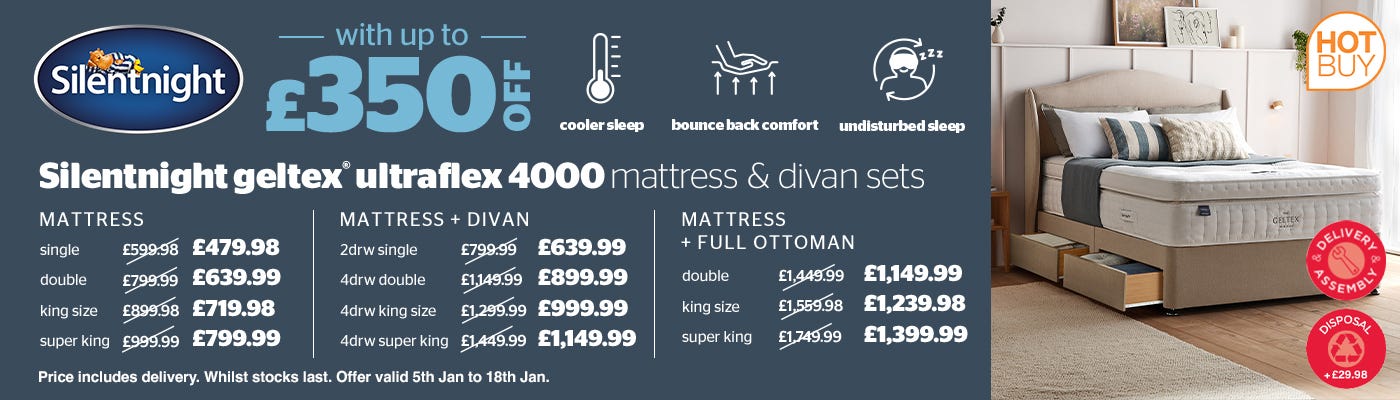 Silentnight Geltex 4000 Pocket Boxtop Mattress & Slate Grey Full Ottoman Divan in 3 Sizes