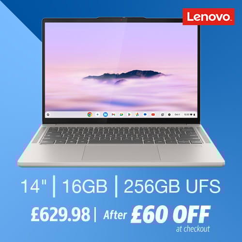 Lenovo Chromebook Plus, MediaTek Ultra, 16GB RAM, 256GB UFS, 14 Inch Laptop