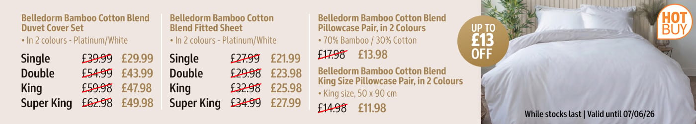 Belledorm Bamboo Cotton Blend White Duvet Cover Set in 4 Sizes