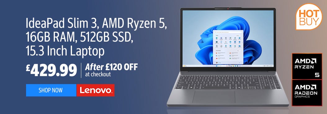 Lenovo IdeaPad Slim 3, AMD Ryzen 5, 16GB RAM, 512GB SSD, 15.3 Inch Laptop