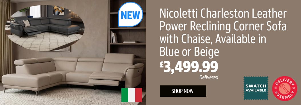 Nicoletti Charleston Beige Leather Power Reclining Corner Sofa with Chaise, Left Hand Facing
