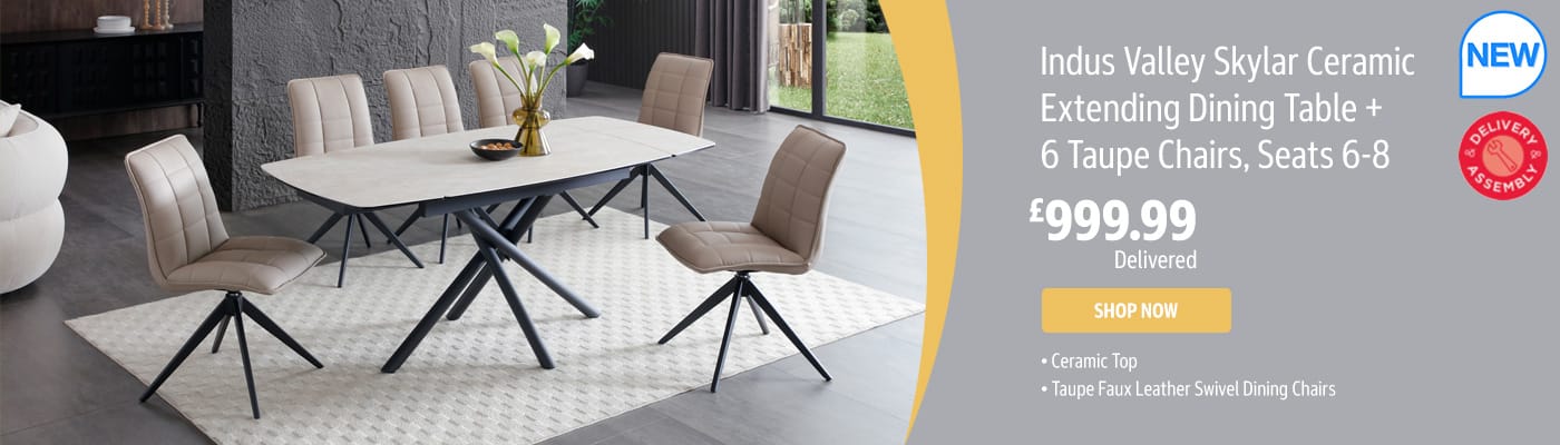 Indus Valley Skylar Ceramic Extending Dining Table + 6 Taupe Chairs, Seats 6-8