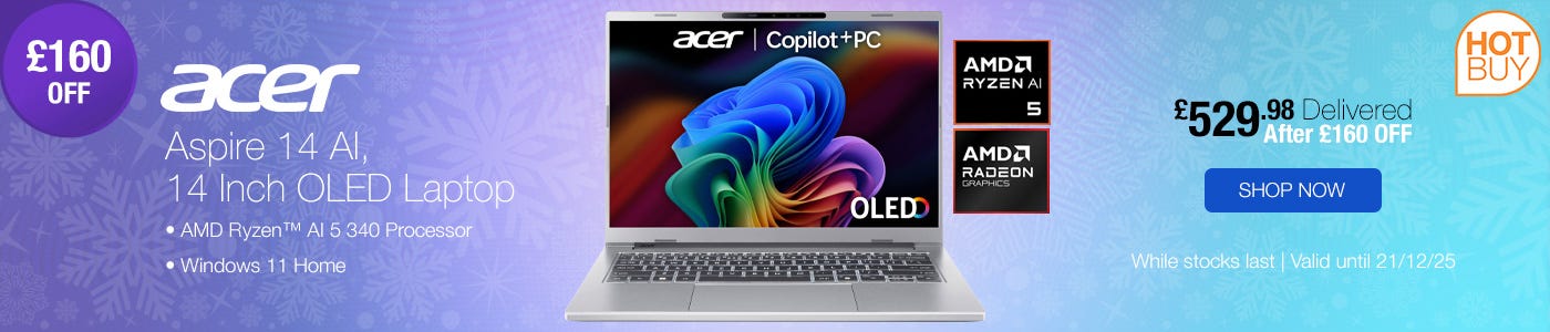 Acer Aspire 14 AI, Copilot+ PC, AMD Ryzen AI 5, 16GB RAM, 512GB SSD, 14 Inch OLED Laptop