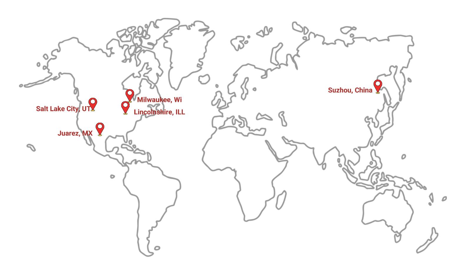 Map showing Flexan's global manufacturing, engineering, assembly, and tooling facilities across the United States, Mexico, and China.