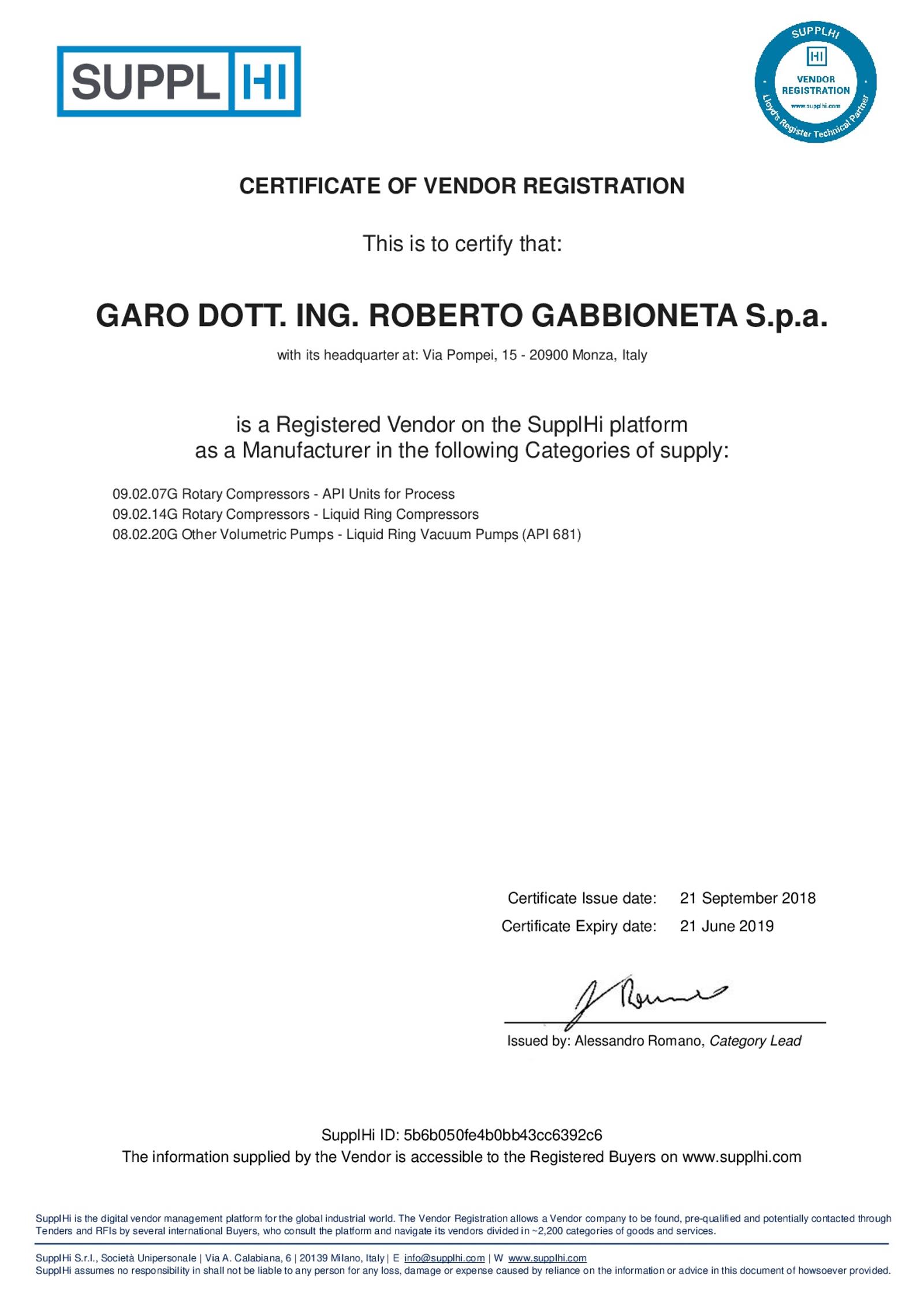 certificazione del fornitore garo