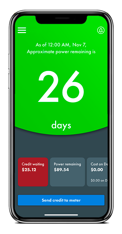 The MPower app screen indicating 12 days of power left. The screen is green.