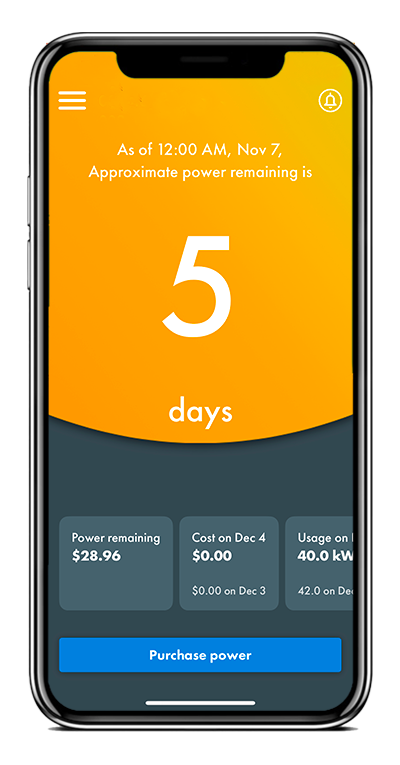 The MPower app screen indicating 5 days of power left. The screen is yellow.