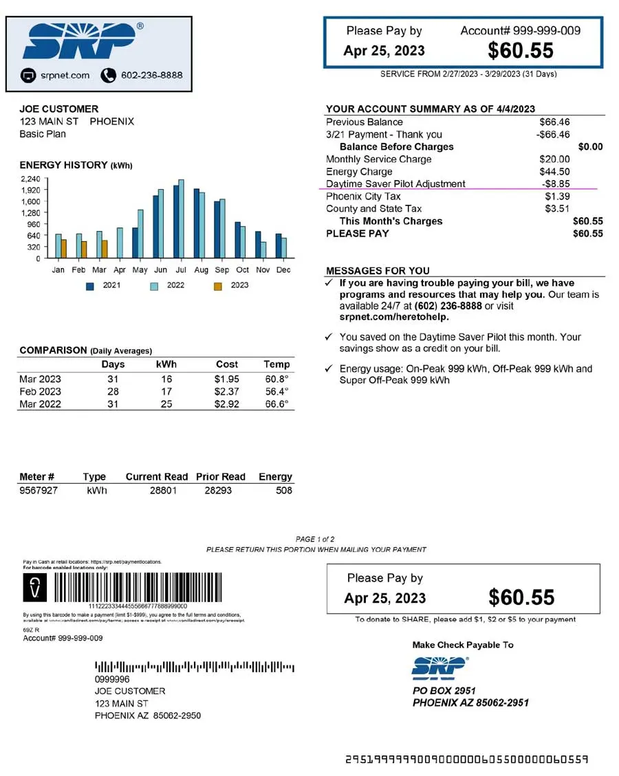 Contact information section of TOU Daytimer bill