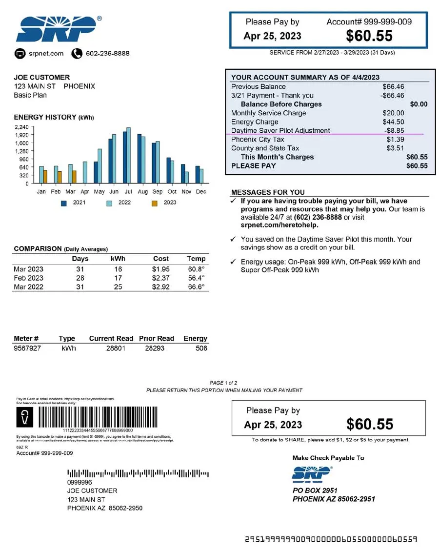 Account summary section of TOU Daytimer bill
