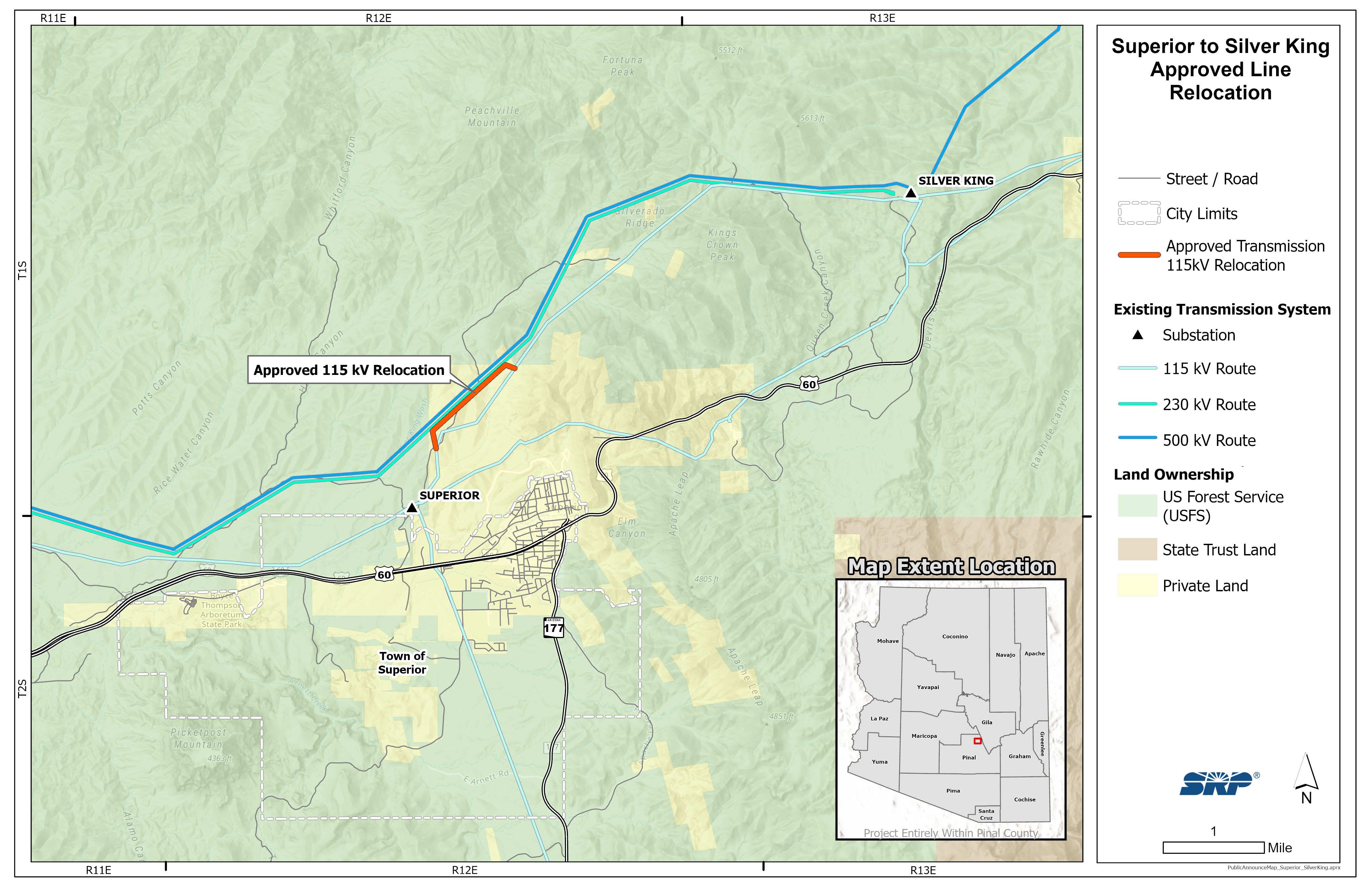map of the Superior to Silver King Approved line relocation