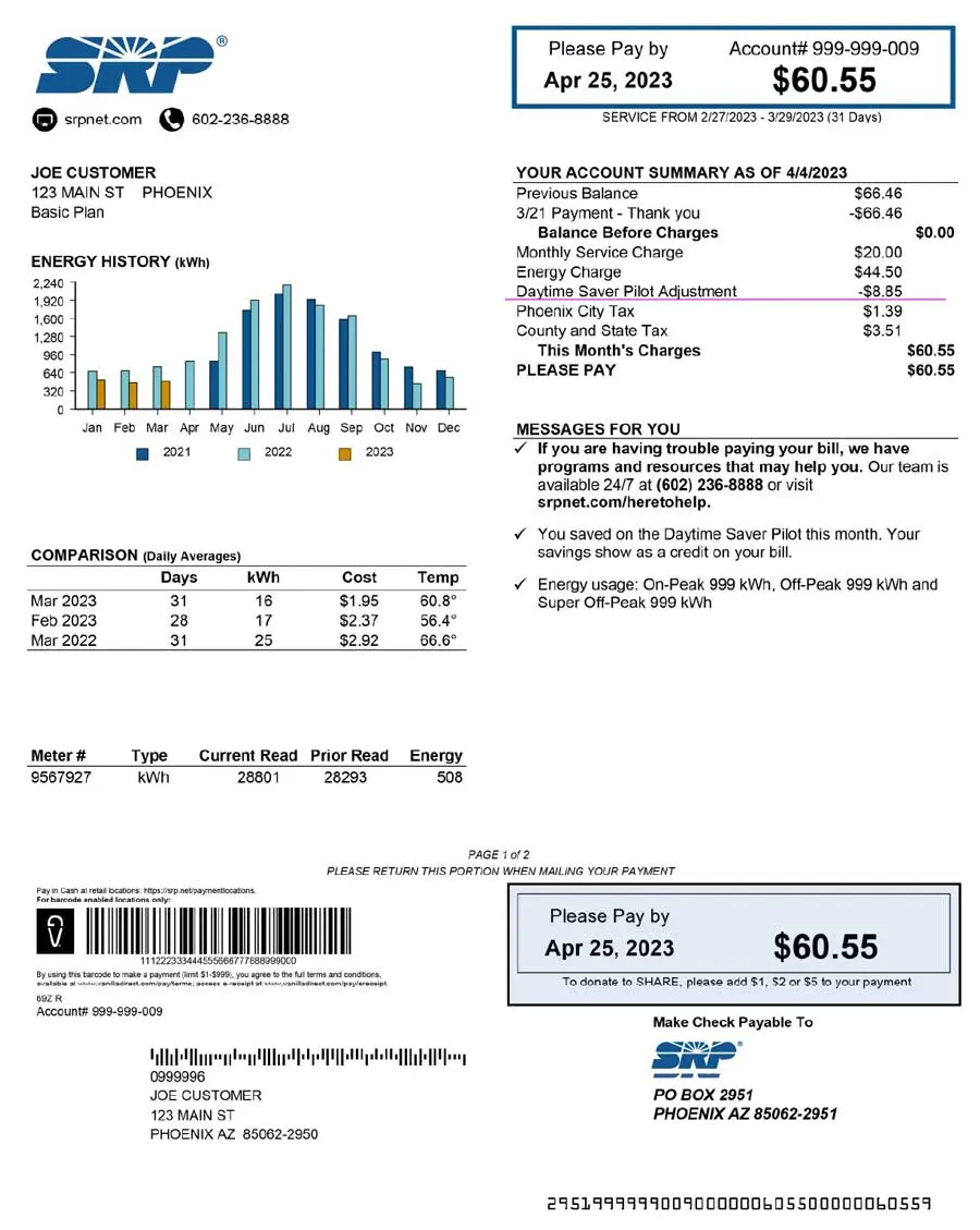 Bill stub section of TOU Daytimer bill