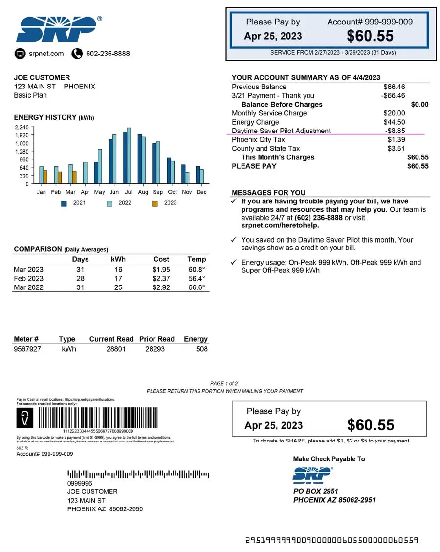 Key Information section of TOU Daytimer bill