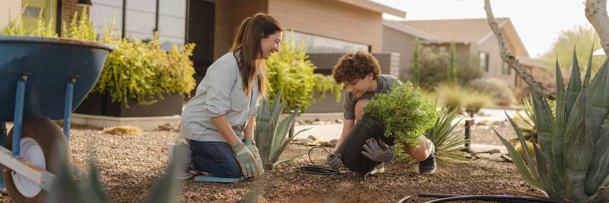 woman and child planting irrigation-friendly bushes in their front yard