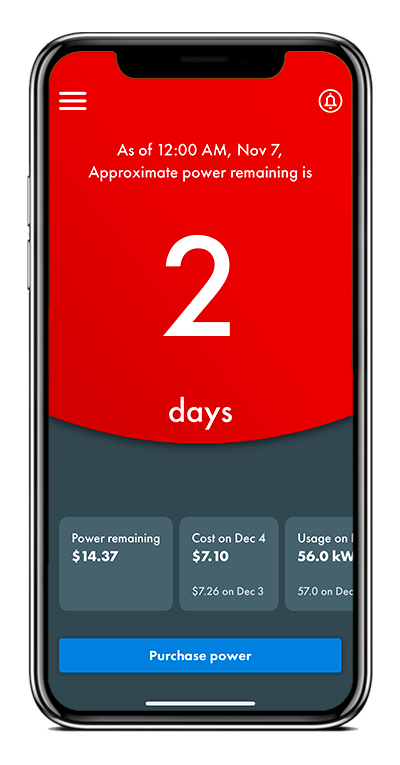 The MPower app screen indicating 2 days of power left. The screen is red.